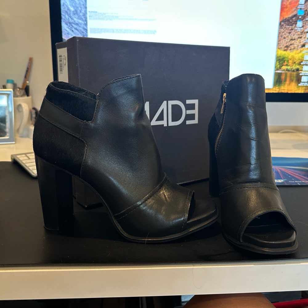 M4D3 Black Leather and Calf Hair peep toe booties 9